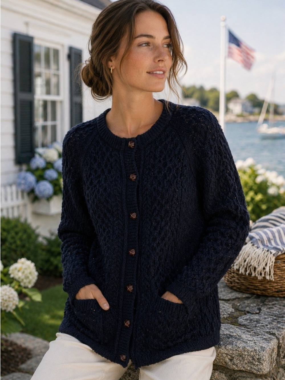 THE IRISH STORE Aran Cable Knit Cardigan Navy Merino Wool Size XL
